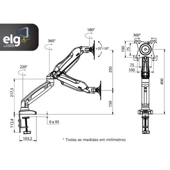 Suporte Articulado de Mesa C/ Pistão a Gás P/ Monitores de 17 a 35 Preto F90USB